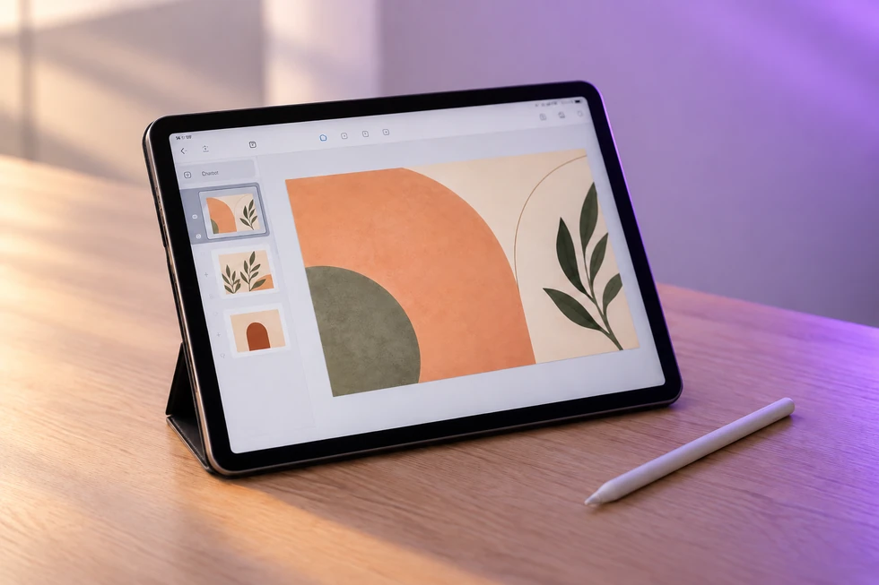 Tablet com editor de apresentações e slides ilustrados.