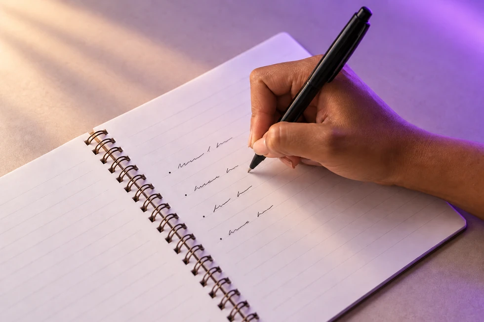 Mão escrevendo tópicos em um caderno para organizar ideias.